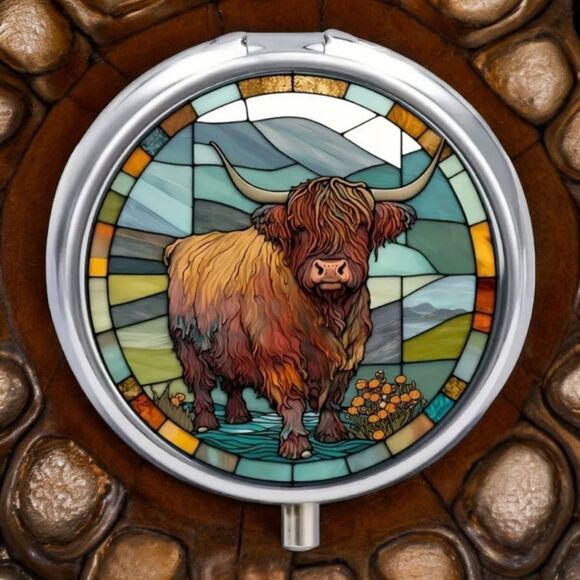 Highland Cow Pill Box Medicine Mini Stainless Steel Case Mirrored Travel Rustic - Picture 4 of 8